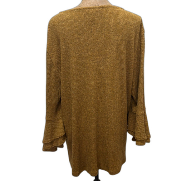 Multiples Ribbed Ruffle Bell Sleeve Blouse Mustard Yellow Fall Boho Plus Size 1X - Picture 3 of 4